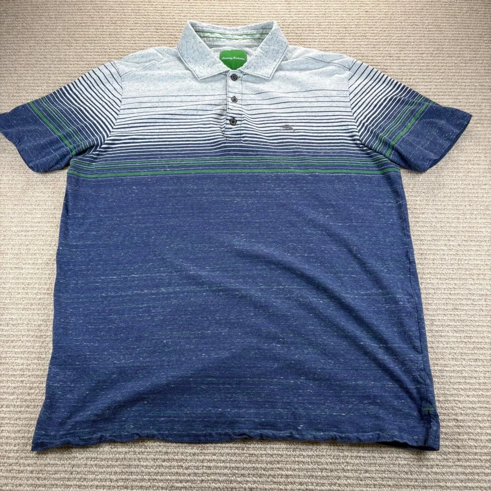Tommy Bahama Polo Shirt Mens Large Blue Cotton Striped Coastal Nautical Beachy - Picture 1 of 12